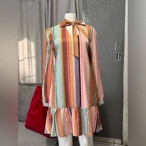 Multi-Striped Bow Neck Long Sleeve Mini Dress